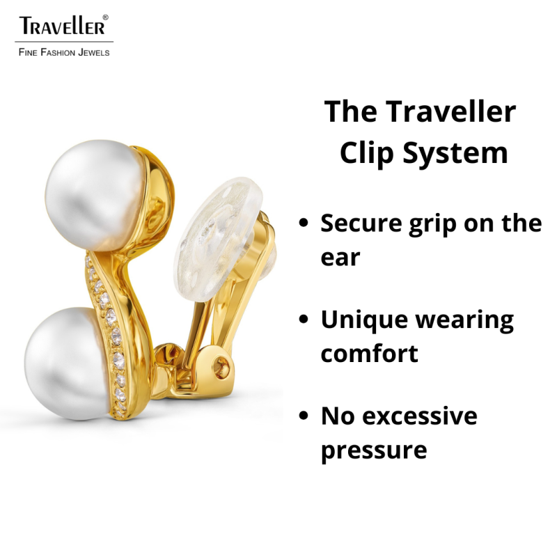 Traveller Clip-on Earrings - 22ct Gold Plated - Pearls - Ø 10mm - White - Crystals - 17x13 mm - 114350