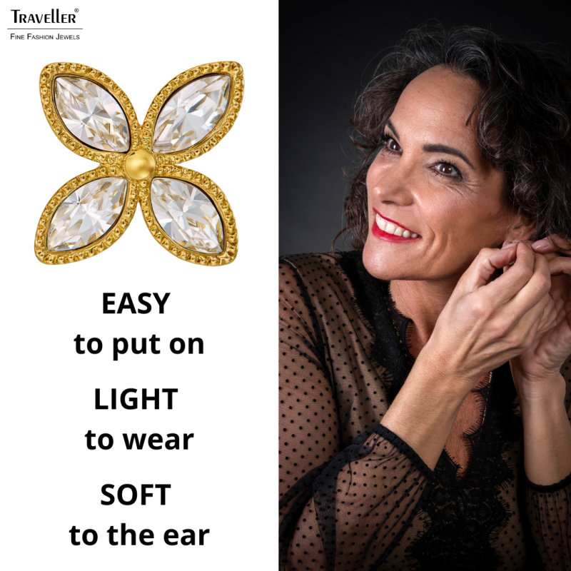 Traveller Earrings - 22ct Gold Plated - Crystals - Flower - Ø 13 mm  - 157790