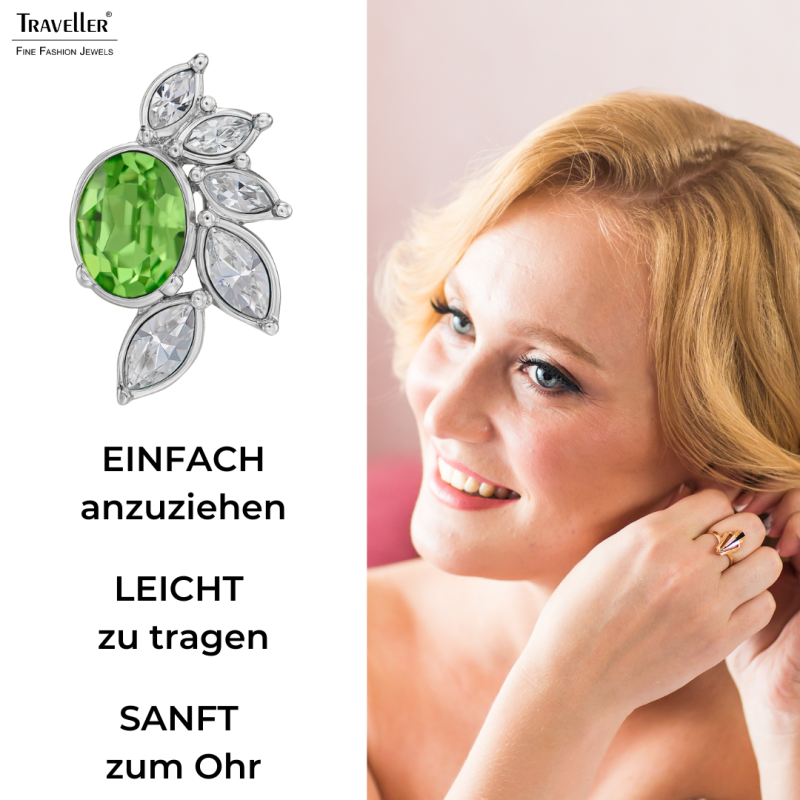 Traveller Ohrclips - Silberfarben - Kristalle - Grün / Peridot - Platiniert - Blume - 20x12 mm - 157779