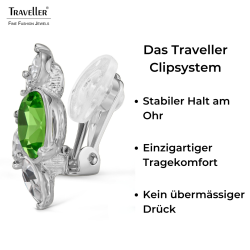 Traveller Ohrclips - Silberfarben - Kristalle - Grün / Peridot - Platiniert - Blume - 20x12 mm - 157779