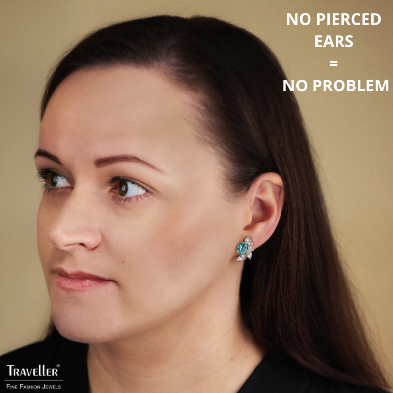 Traveller Clip-on Earrings - Silver Coloured - Crystals - Light Blue - Platinum Plated - Flower - 20x12 mm - 157781