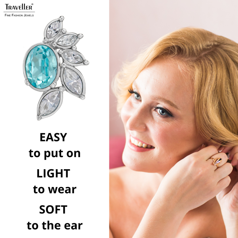 Traveller Clip-on Earrings - Silver Coloured - Crystals - Light Blue - Platinum Plated - Flower - 20x12 mm - 157781