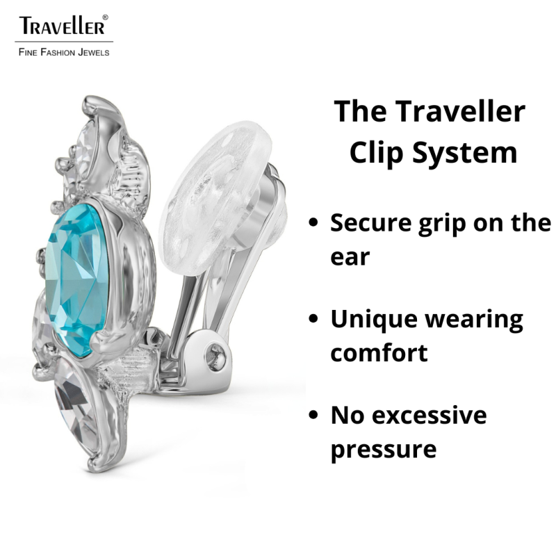 Traveller Clip-on Earrings - Silver Coloured - Crystals - Light Blue - Platinum Plated - Flower - 20x12 mm - 157781