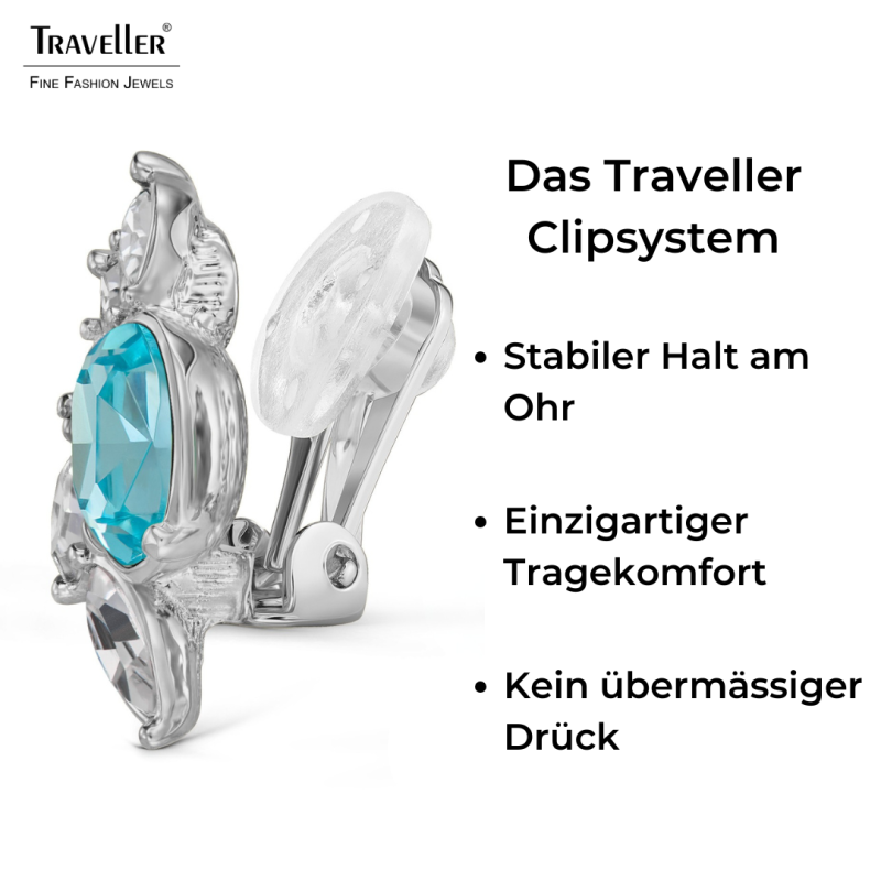 Traveller Oorclips - Zilverkleurig - Kristallen - Blauw / Aqua Bohemica - Geplatineerd - 20x12 mm - 157781