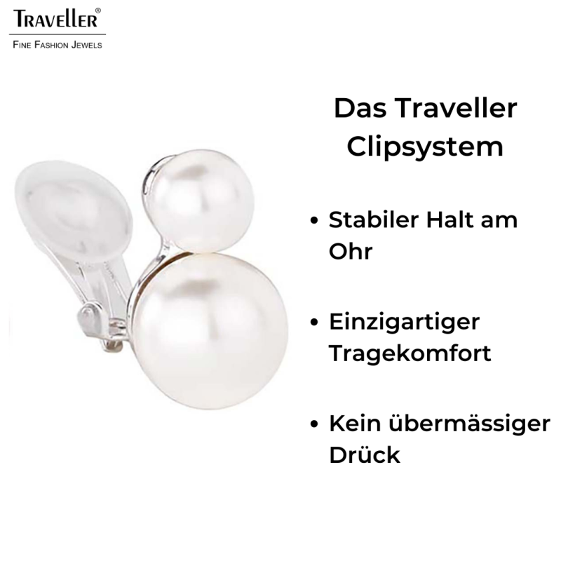 Traveller Ohrclips - Silberfarbe - Perle - 8 und 12mm - Weiss - Platiniert - 20x12 mm - 113105