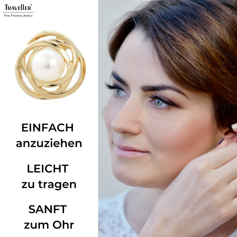 Traveller Ohrclips - Perle - 10 mm - Weiss - Goldfarbe - 22kt Vergoldet - 21 mm - 113953