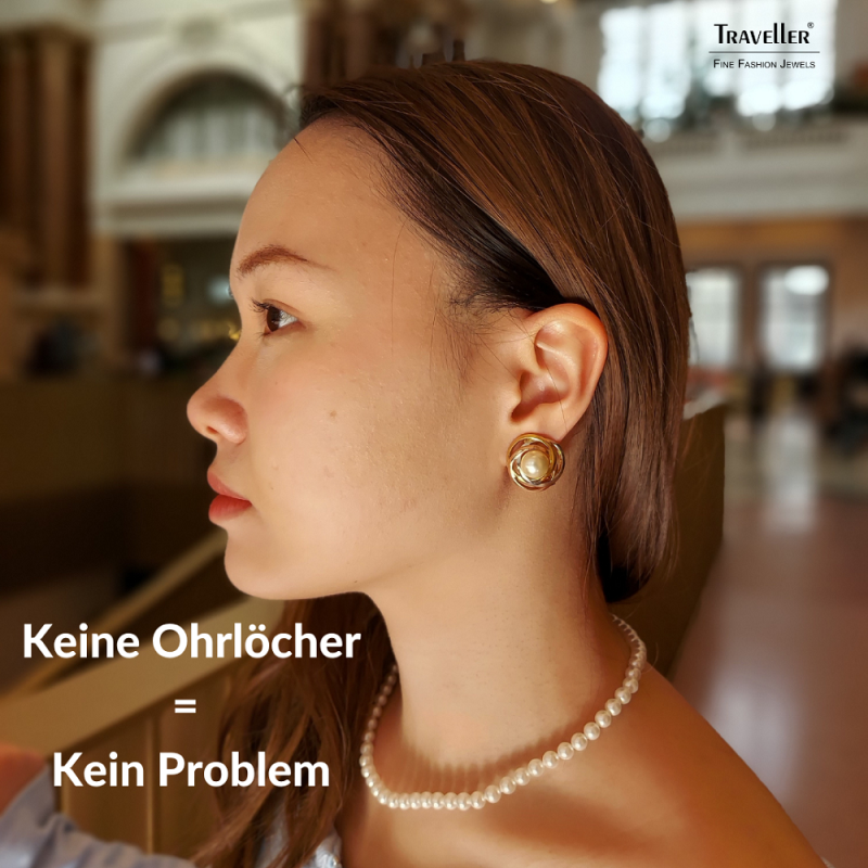 Traveller Ohrclips - Perle - 10 mm - Weiß - 22kt Vergoldet & Platiniert - Tricolor - 21 mm - 113955