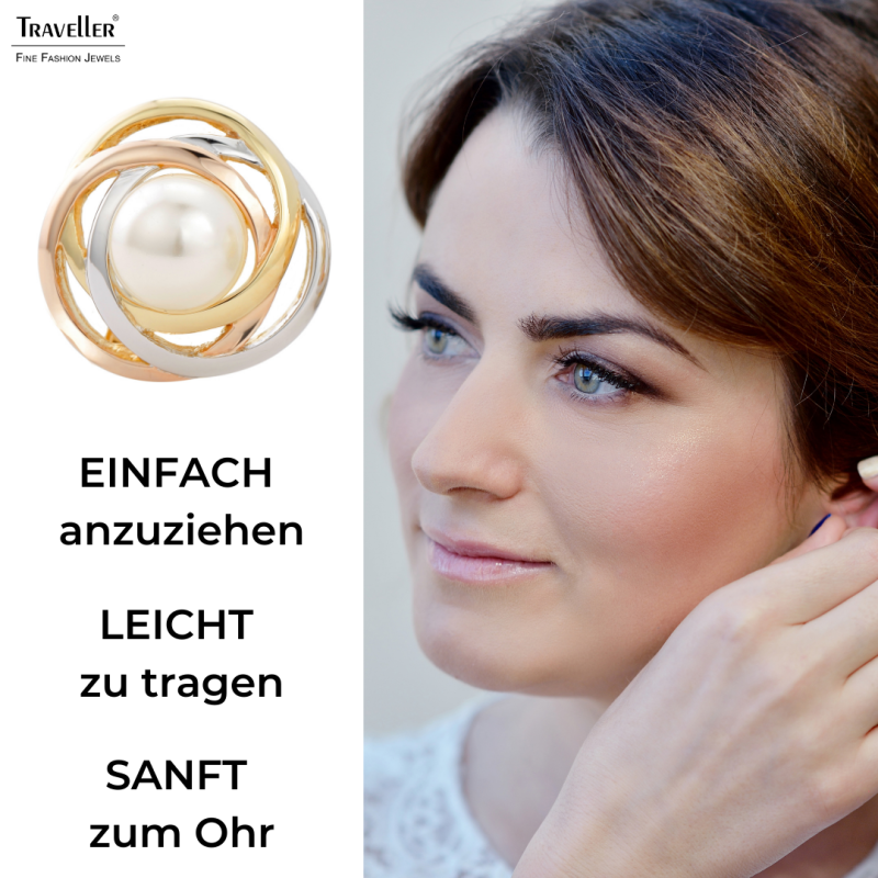 Traveller Ohrclips - Perle - 10 mm - Weiß - 22kt Vergoldet & Platiniert - Tricolor - 21 mm - 113955