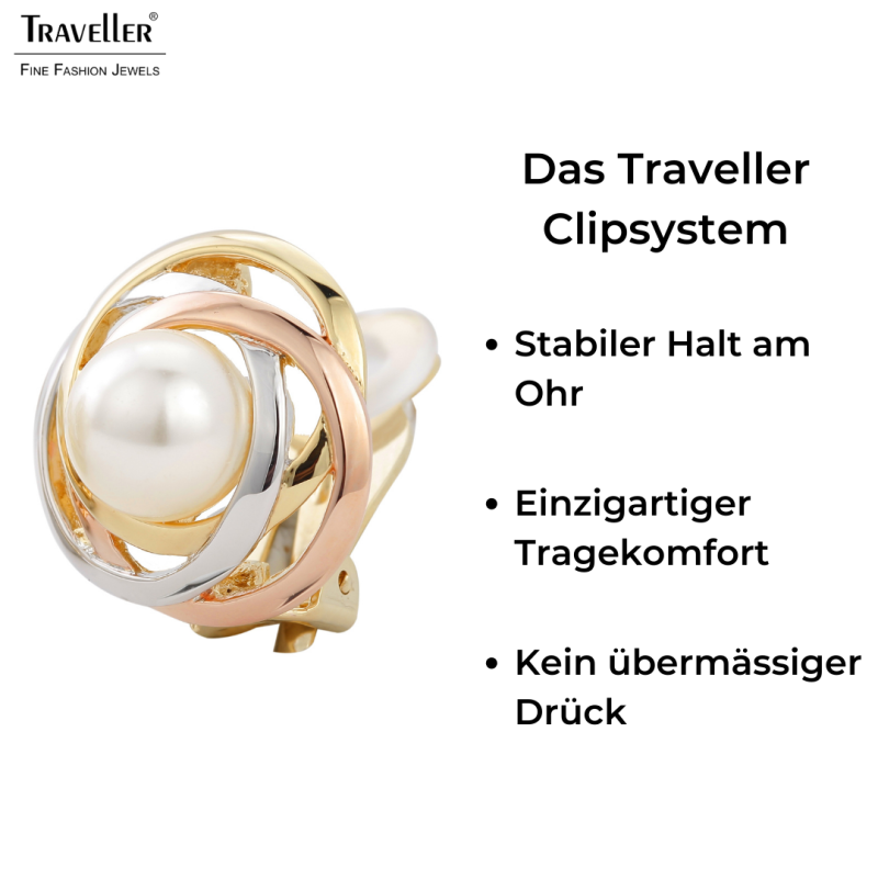 Traveller Ohrclips - Perle - 10 mm - Weiß - 22kt Vergoldet & Platiniert - Tricolor - 21 mm - 113955