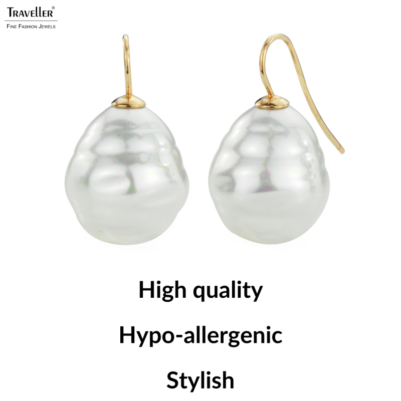 Traveller Drop Earrings - Baroque Pearls - 20x17 mm - White - 22ct Gold plated - Gold-coloured - 31x17 mm - 119003