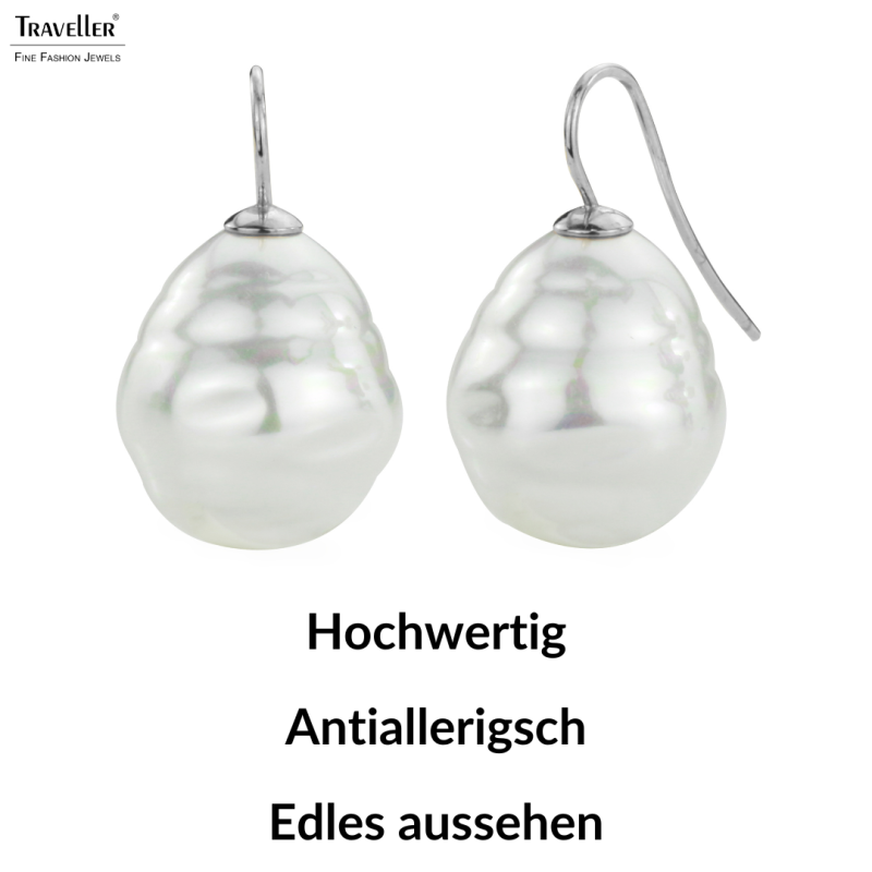 Traveller Ohrhänger - Silberfarben - Barock Perle -20x17 mm - Weiß - Platiniert - 31 mm - 119004