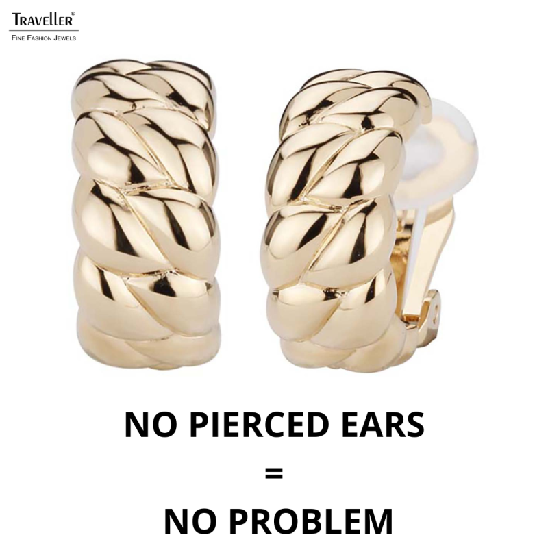 Traveller Clip-on Earrings - Gold coloured - Half Hoops - Braided Structure - Gold Plated - 20x10 mm - 156926