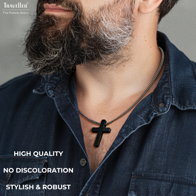 Traveller Cross Chain - Men - Necklace Men - Made in Germany - Carbon & Stainless Steel - 50cm long