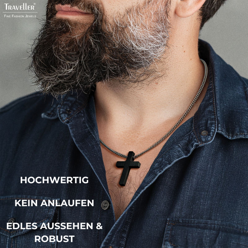 Traveller Kreuz Kette - Herren - Kette Man - Made in Germany - Carbon & Edelstahl - 50cm lang