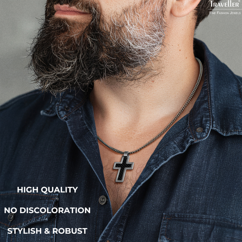Traveller Cross Chain - Men - Necklace Men - Made in Germany - Carbon & Stainless Steel - 50cm long