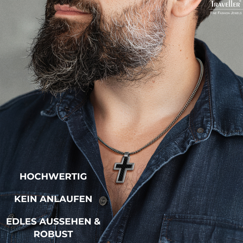 Traveller Kreuz Kette - Herren - Kette man - Made in Germany - Carbon & Edelstahl - 50cm lang