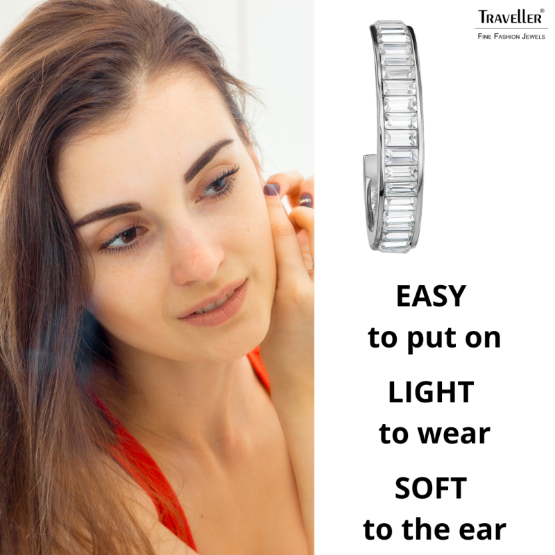 Traveller Clip-on Earrings - Hoops - Silver Coloured - Crystals - Platinum Plated - Ø 30mm - 157653
