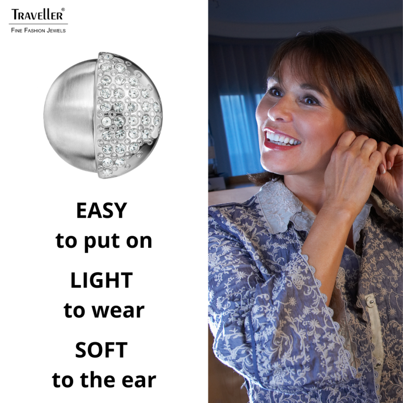 Traveller Clip-on Earrings - Silver Coloured - Matt and Glossy - Crystals - Platinum Plated - 20x19 mm - 157616