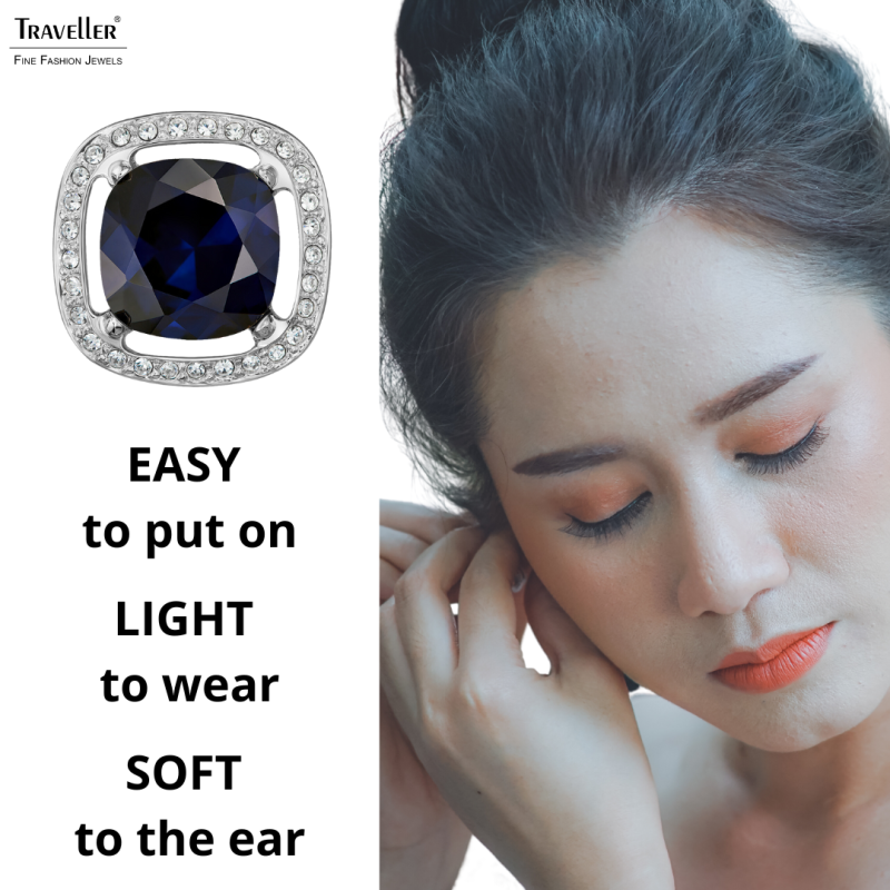 Traveller Clip-on Earrings - Silver Coloured - Crystals - Blue - Square - Platinum Plated - Ø 15mm - 157621