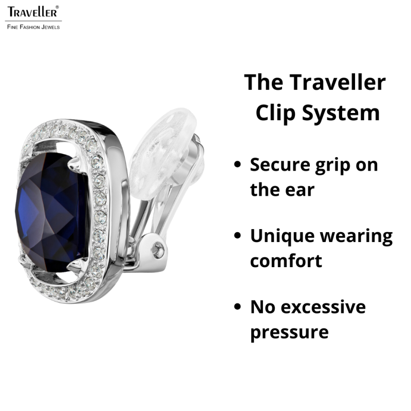Traveller Clip-on Earrings - Silver Coloured - Crystals - Blue - Square - Platinum Plated - Ø 15mm - 157621