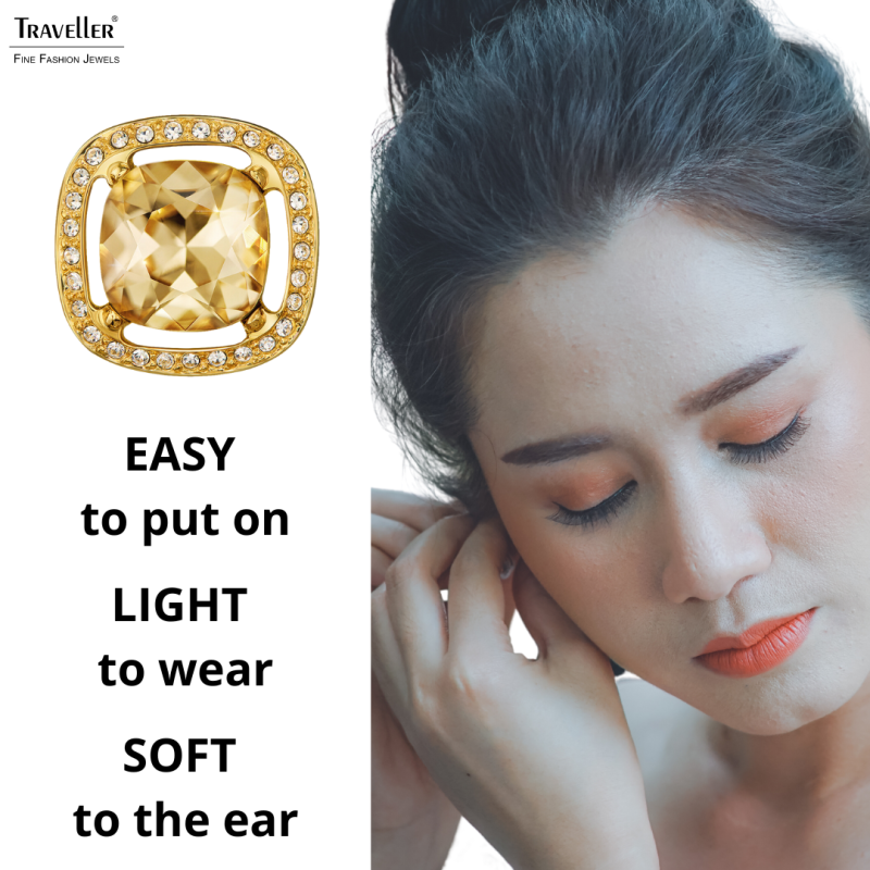 Traveller Clip-on Earrings - 22ct Gold Plated - Crystals - Light Brown Topaz - Square - Ø 15mm - 157622