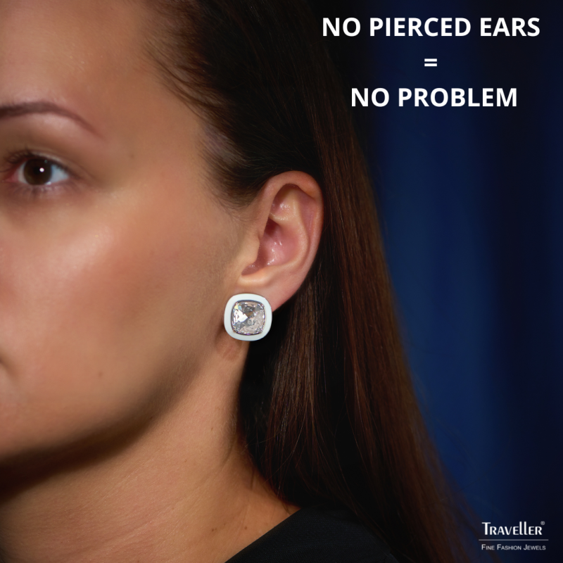 Traveller Clip-on Earrings - Silver Coloured - Crystal - White Enamel - Square - Platinum Plated - 18x18 mm - 157634