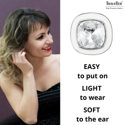 Traveller Clip-on Earrings - Silver Coloured - Crystal - White Enamel - Square - Platinum Plated - 18x18 mm - 157634