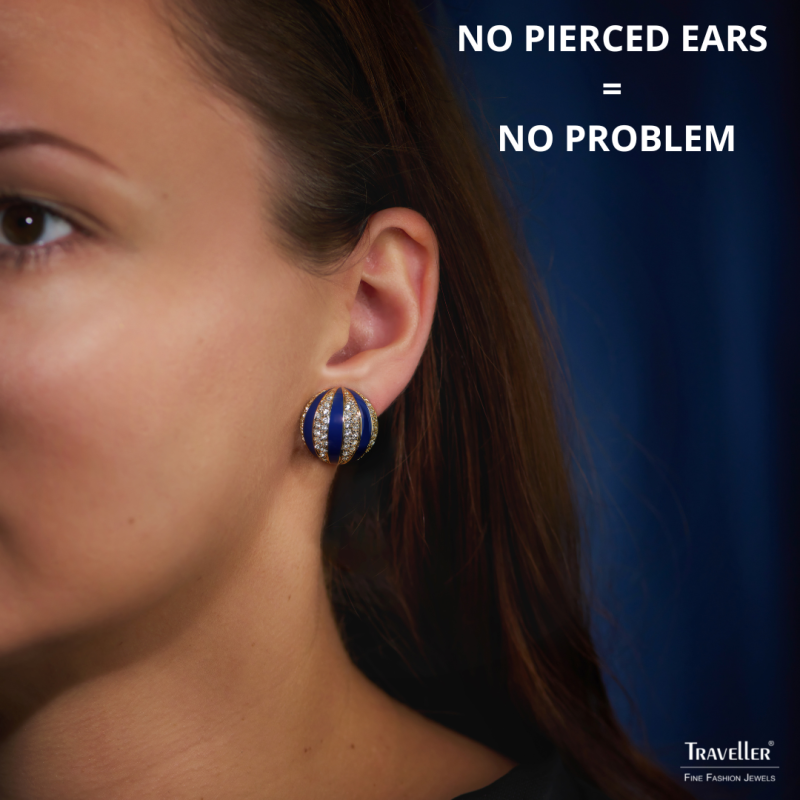 Traveller Clip-on Earrings - 22ct Gold Plated - Crystals - Blue Enamel - Spherical - Ø 20mm - 157636