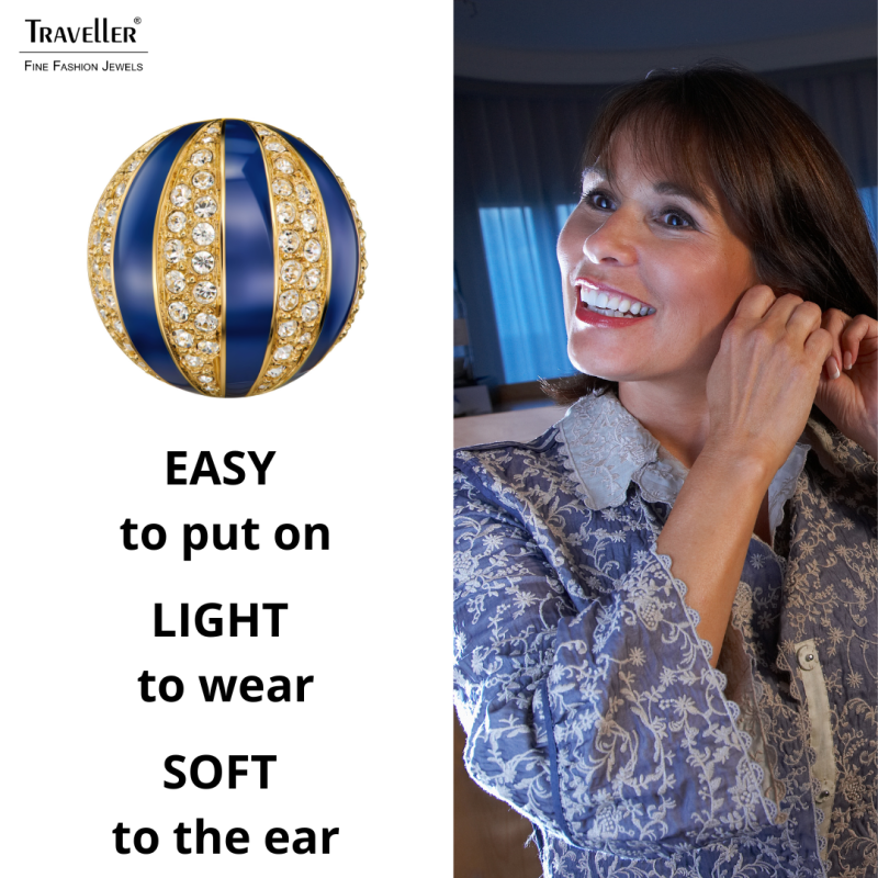 Traveller Clip-on Earrings - 22ct Gold Plated - Crystals - Blue Enamel - Spherical - Ø 20mm - 157636