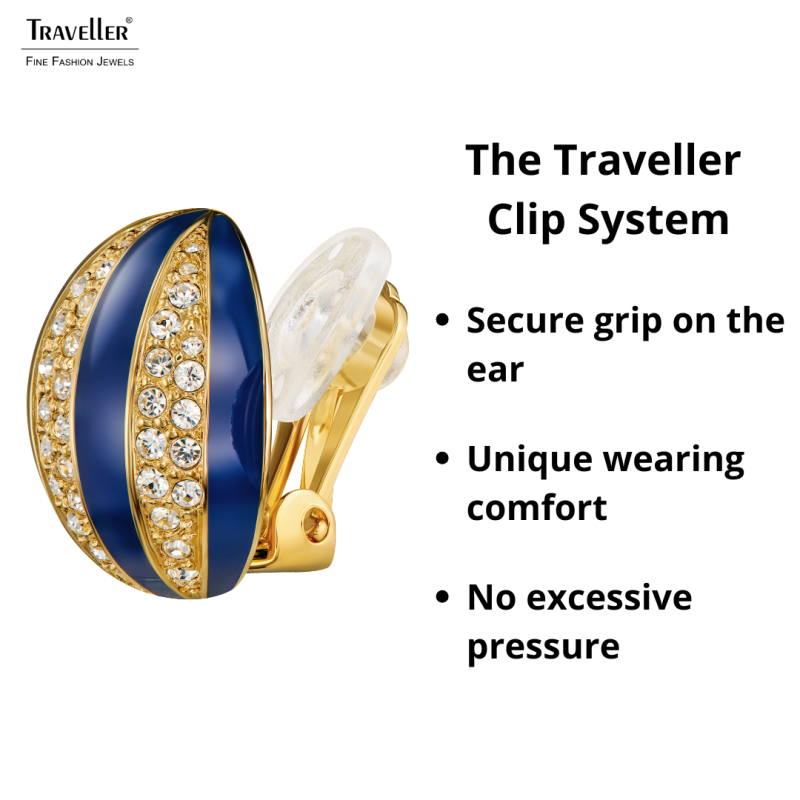 Traveller Clip-on Earrings - 22ct Gold Plated - Crystals - Blue Enamel - Spherical - Ø 20mm - 157636