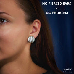 Traveller Clip-on Earrings - Silver Coloured - Crystals - White Enamel - Spherical - Platinum Plated - Ø 20mm - 157637