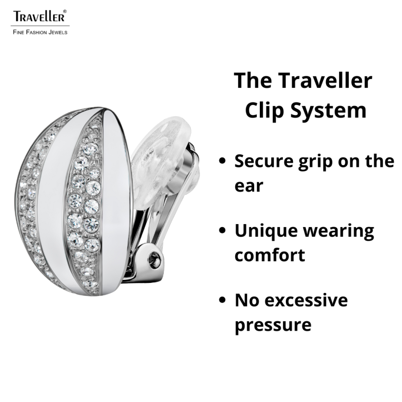 Traveller Clip-on Earrings - Silver Coloured - Crystals - White Enamel - Spherical - Platinum Plated - Ø 20mm - 157637