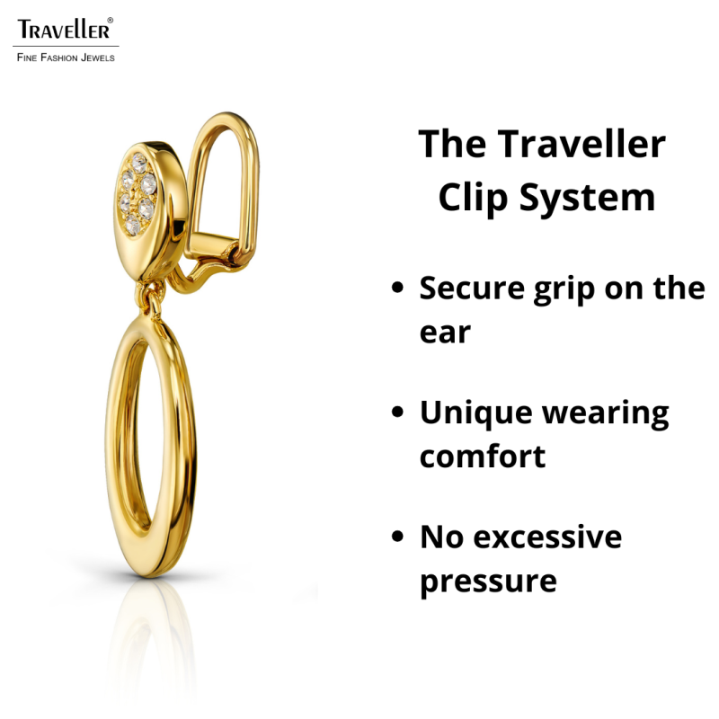 Traveller Clip-on Earrings - Drop Earring - 22ct Gold Plated - Crystals - Oval -  32x12 mm - 157642