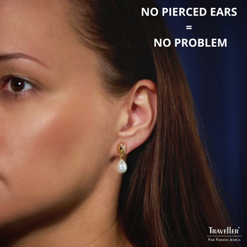 Traveller Clip-on Earrings - Gold Plated - Baroque Pearl - White - Crystals - 23x8 mm - 114254