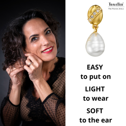 Traveller Clip-on Earrings - Gold Plated - Baroque Pearl - White - Crystals - 23x8 mm - 114254