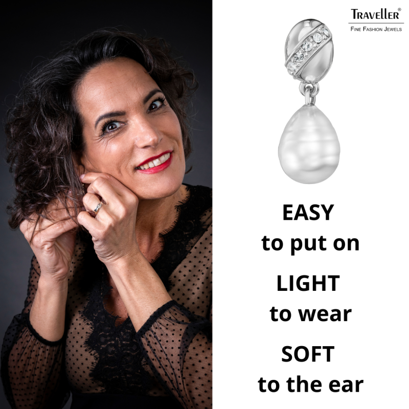 Traveller Clip-on Earrings - Silver Coloured - Baroque Pearl - White - Crystals - Platinum plated -23x8mm- 114255