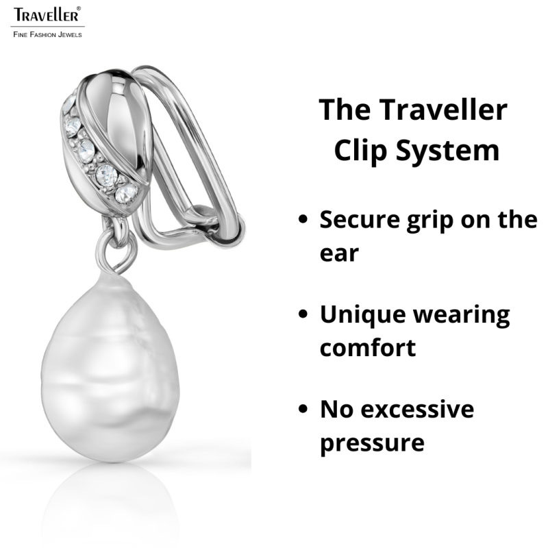 Traveller Clip-on Earrings - Silver Coloured - Baroque Pearl - White - Crystals - Platinum plated -23x8mm- 114255