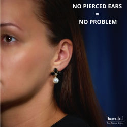 Traveller Clip-on Earrings - Drop Earring - Gold Plated - Pearls - 10mm - White - Crystals - Black Enamel -26x18 mm - 114260