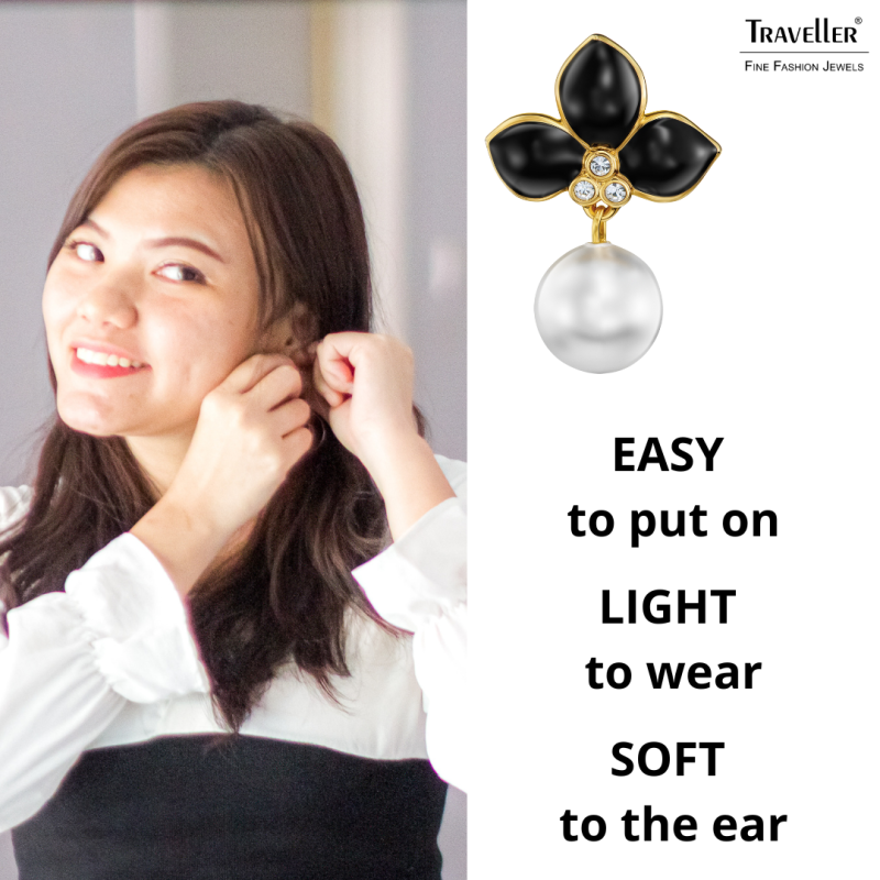Traveller Clip-on Earrings - Drop Earring - Gold Plated - Pearls - 10mm - White - Crystals - Black Enamel -26x18 mm - 114260