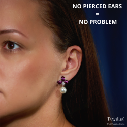 Traveller Drop Clip Earrings - Platinum Plated - Pearls - 10mm - White - Crystals - Purple Enamel - 26x18mm - 114263