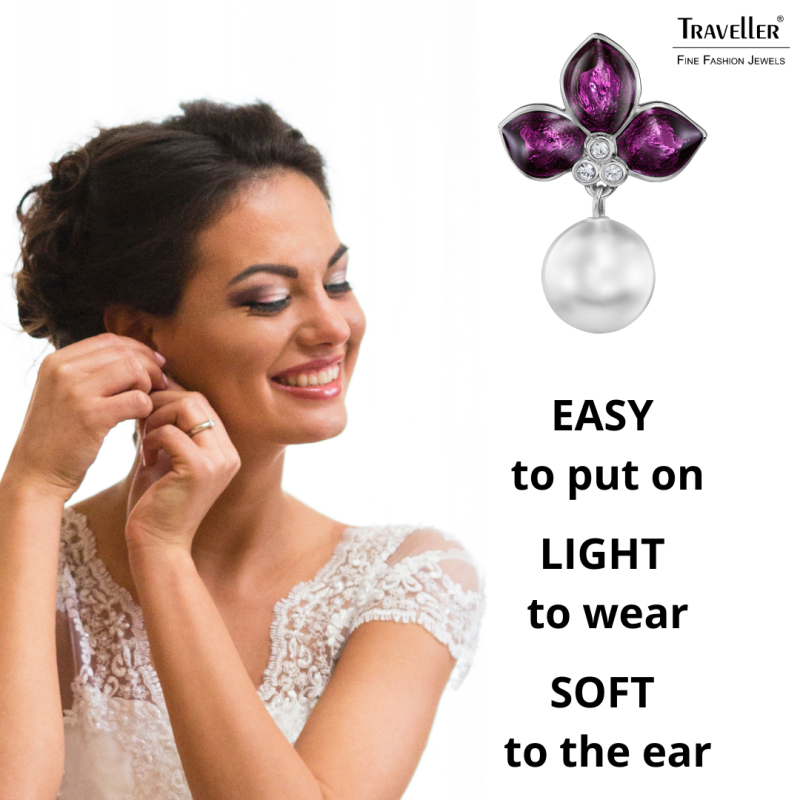 Traveller Drop Clip Earrings - Platinum Plated - Pearls - 10mm - White - Crystals - Purple Enamel - 26x18mm - 114263