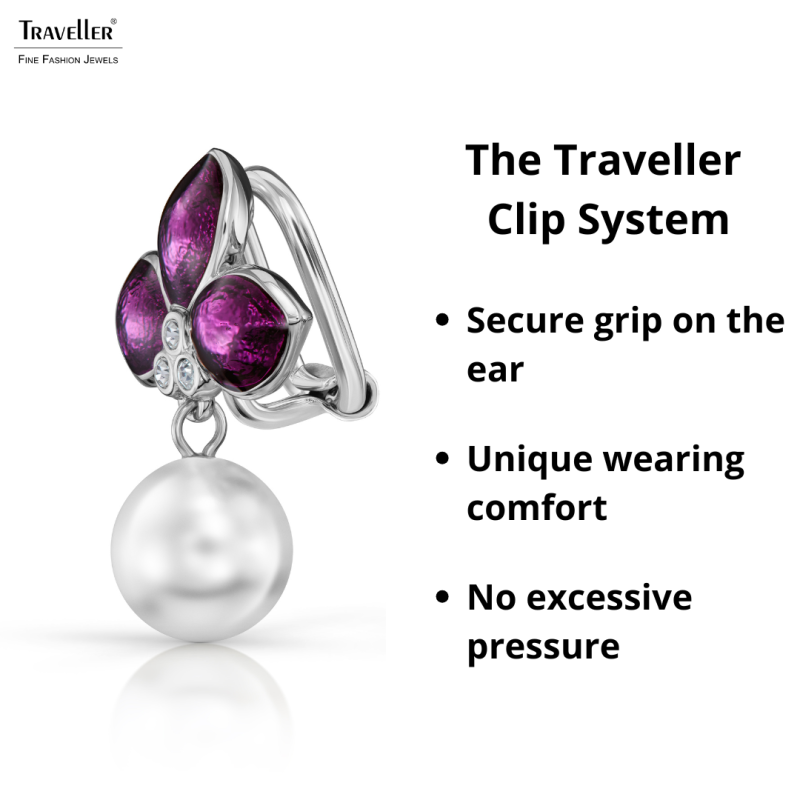 Traveller Drop Clip Earrings - Platinum Plated - Pearls - 10mm - White - Crystals - Purple Enamel - 26x18mm - 114263