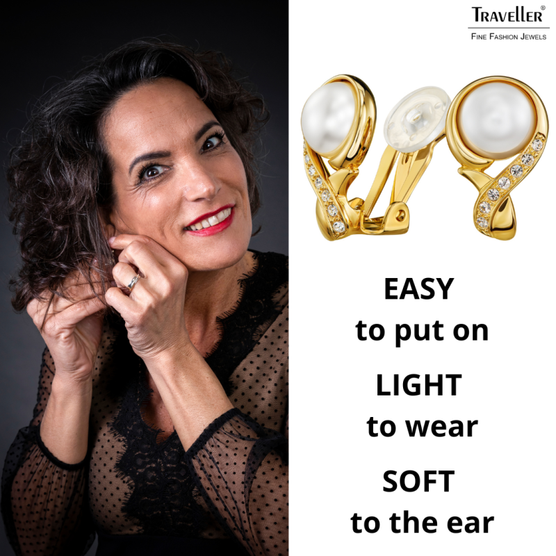 Traveller Clip-on Earrings - Gold Plated - Pearls - 10mm - White - Crystals - 21x13mm