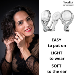 Traveller Clip-on Earrings - Silver Coloured - Pearls - 10mm - White - Crystals - Platinum Plated - 21x13mm - 114266
