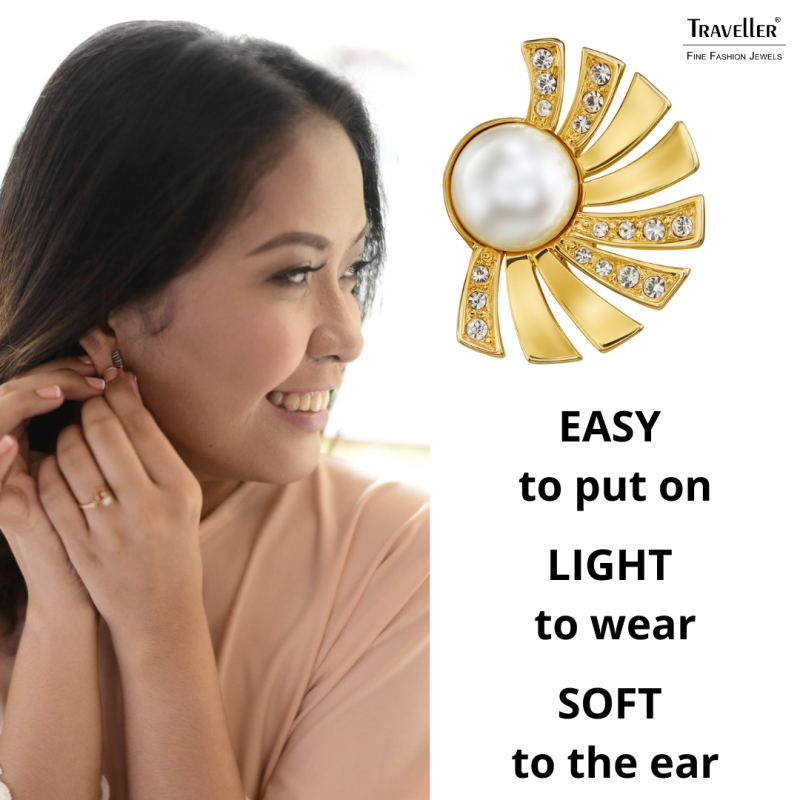 Traveller Clip-on Earrings - Gold Plated - Pearls - 8mm - White - Crystals - Half Sun - 20x15 mm - 114267