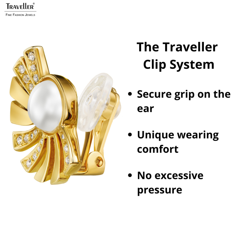 Traveller Clip-on Earrings - Gold Plated - Pearls - 8mm - White - Crystals - Half Sun - 20x15 mm - 114267