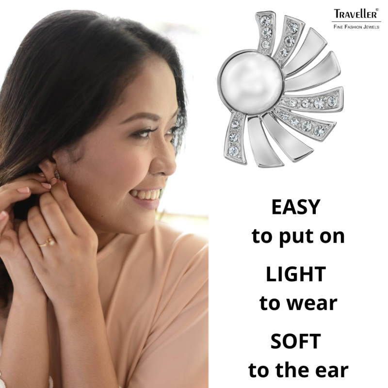 Traveller Clip-on Earrings - Platinum Plated - Pearls - 8mm - White - Crystals - Half Sun - 20x15mm - 114268