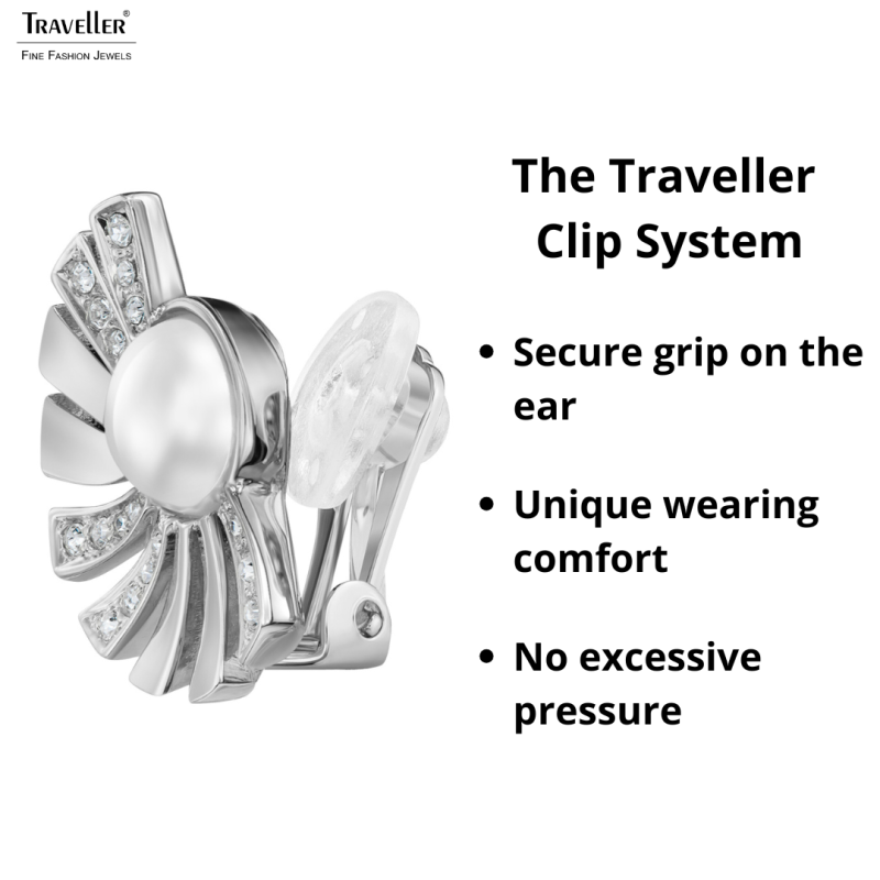 Traveller Clip-on Earrings - Platinum Plated - Pearls - 8mm - White - Crystals - Half Sun - 20x15mm - 114268