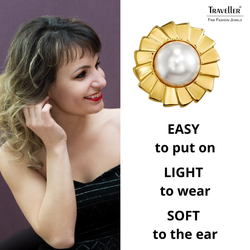 Traveller Clip-on Earrings - Gold Plated - Pearls - 10 mm - White - Flower - 19 mm - 114269 