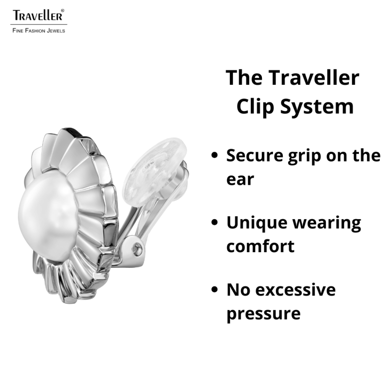 Traveller Clip-on Earrings - Silver Coloured - Pearls - 10 mm - Whiite - Platinum Plated - Flower - 19 mm - 114270